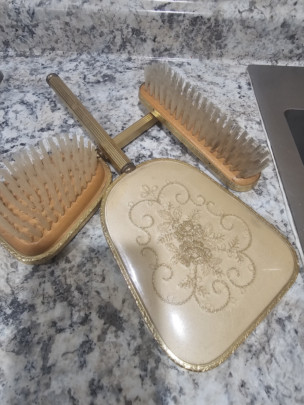 Gold Embroidered Hand Mirror and Brush Set - Elegant Home Accent